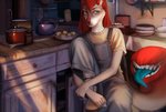 anthro bowl cabinet clothing container female heterochromia kitchen overalls plate pots sad sitting solo tail tail_mouth tongue tongue_out unusual_anatomy unusual_tail kanadakano legend_of_ahya ahya_(legend_of_ahya) taylor_renee_wolford_(darkflamewolf) canid canine canis mammal wolf hi_res