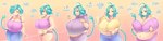 belly big_breasts breasts clothing dialogue female green_hair hair huge_breasts hyper hyper_breasts navel overweight overweight_female overweight_humanoid red_eyes solo standing text thick_thighs weight_gain wide_image pixiveo ilya_(pixiveo) animal_humanoid bovid bovid_humanoid bovine bovine_humanoid cattle_humanoid humanoid mammal mammal_humanoid absurd_res english_text hi_res long_image