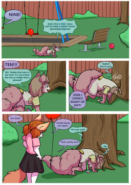 anthro ball balloon bench clothed clothing dialogue duo er female inflatable pacifier plant shrub speech_bubble swingset tail text toddler tree young babystar domestic_cat felid feline felis mammal rodent sciurid tree_squirrel comic english_text hi_res