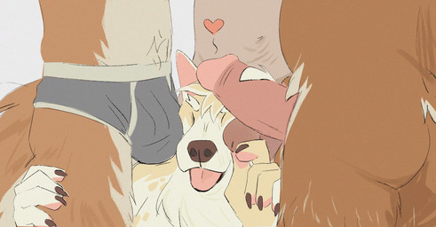 anthro balls briefs briefs_only brown_body brown_fur bulge clothed clothing erection eyes_closed fur genitals heart_symbol humanoid_genitalia humanoid_penis male male/male male_anthro nude nude_anthro nude_male open_mouth penis pink_penis surrounded_by_penises tail tan_body tan_fur tongue tongue_out topless topless_anthro topless_male underwear underwear_only zero_pictured remulle_(artist) wrigley_(d0g_problems) bear canid canine canis domestic_dog mammal 2024 hi_res
