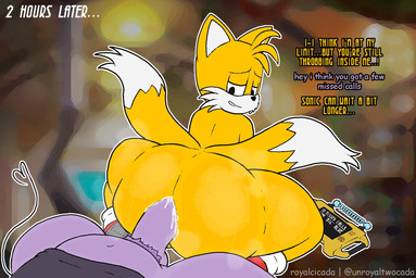 2_tails anal anal_penetration anthro big_butt black_eyes bodily_fluids butt calling cheating_boyfriend cum cum_in_ass cum_inside device duo fur genital_fluids genitals ignoring_another infidelity looking_back male male/male multi_tail penetration penis purple_body purple_penis tail text yellow_body yellow_fur royal_cicada sega sonic_the_hedgehog_(series) bug_(royal_cicada) miles_prower animal_humanoid arthropod arthropod_humanoid canid canine fox humanoid insect mammal english_text hi_res nonbinary_(lore)