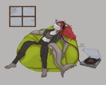 anthro ear_piercing electronics hair headphones male pierced_tailfin piercing record_player red_hair simple_background snow solo window ashpurr aorpheat fish marine shark 5:4 hi_res