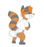 anthro black_nose blush clothing diaper eyes_closed feces fur male orange_body orange_fur scatplay simple_background smile soiled_diaper soiling solo unclean_diaper used_diaper white_background young young_anthro rainydays mark_stanton mammal procyonid raccoon hi_res