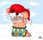 4_fingers ambiguous_gender blue_sky breath christmas_clothing christmas_headwear christmas_topwear clothing cloud cold day eyebrows feral fingers floating_hands freezing green_clothing green_topwear hat headgear headwear holidays jumper limbless noseless one_eye_closed onomatopoeia outside raised_eyebrow red_clothing red_hat red_headwear santa_hat sky snow solo sound_effects text toony topwear winter doodlinghitman christmas worms_(series) worm worm_(worms) cel_shading digital_drawing_(artwork) digital_media_(artwork) shaded