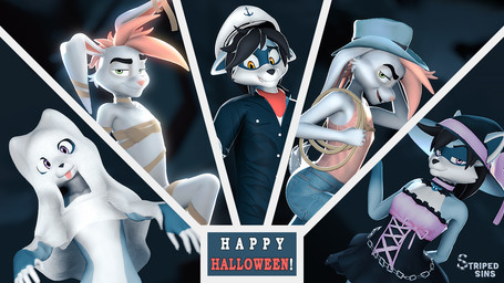 anthro black_hair blue_body blue_fur clothing costume cowboy cowboy_hat cowboy_outfit female fur ghost_costume green_eyes group hair halloween_costume hat headgear headwear holidays humor kerchief magic_user male mummy_costume mummy_wrappings neckerchief neckwear orange_eyes parody peaked_cap pink_hair purple_eyes sailor sailor_cap sailor_uniform shirt topwear trio white_body white_fur witch witch_costume witch_hat willitfit halloween striped_sins felix_(striped_sins) oliver_(striped_sins) ryder_(striped_sins) ghost mummy spirit undead 16:9 3d_(artwork) collage_(artwork) digital_media_(artwork) widescreen