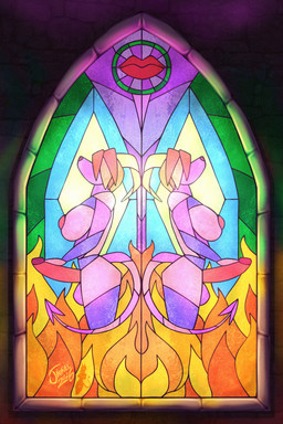 anthro balls breasts duo erection fire genitals gynomorph humanoid_genitalia humanoid_penis inside intersex intersex/intersex lips nipples penis stained_glass standing window jaimiel mythology ashleigh_(slimshod) canid canid_demon canine demon hellhound mammal mythological_canine mythological_creature 2:3 absurd_res hi_res