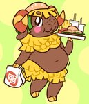 :3 anthro belly beverage big_belly breasts brown_body brown_skin burger clothing female floppy_ears food freckles fries headgear hooves horn navel on_one_leg overweight overweight_anthro overweight_female paper_bag simple_background slightly_chubby slightly_chubby_female solo standing cubemelon softvivi animal_crossing nintendo frita_(animal_crossing) bovid caprine mammal sheep hi_res