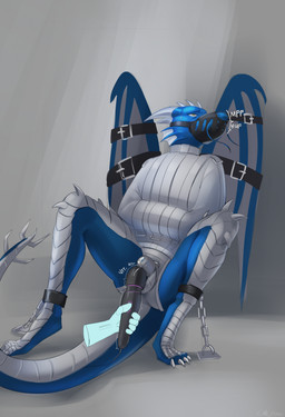 4_toes ankle_cuffs anthro bdsm bondage bound chain chained chastity_cage chastity_device claws cuff_(restraint) edging feet horn male muzzle_(object) muzzled orgasm_denial paws restraints sex_toy solo straitjacket straps tail teasing toe_claws toes vibrator vibrator_on_chastity_cage vibrator_on_chastity_device wand_vibrator chilldog mythology ws5000 dragon mythological_creature mythological_scalie scalie digital_drawing_(artwork) digital_media_(artwork) hi_res