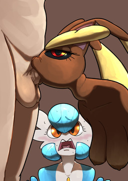 anthro areola balls black_sclera blue_body blue_hair blush bodily_fluids breasts brown_areola brown_background brown_body brown_fur brown_nipples cuckquean deep_throat eyebrows eyelashes fellatio female fur genitals group hair hanging_breasts human_penetrating male male/female male_human medium_breasts nipples nude open_mouth oral oral_penetration orange_eyes penetration penile penis red_eyes sagging_breasts sex side_view simple_background sweat sweatdrop tan_body tan_skin thick_eyebrows trio white_body yellow_body yellow_fur fakesword nintendo pokemon gardevoir generation_3_pokemon generation_4_pokemon human humanoid lopunny mammal pokemon_(species) shiny_pokemon absurd_res hi_res