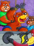 5_toes anthro bdsm black_nose blue_bottomwear blue_clothing blue_pants blue_shirt blue_topwear bodily_fluids bondage bottomwear bound brown_body brown_fur buckteeth closed_smile clothed clothed_anthro clothed_male clothing crying_laughing dominant dominant_anthro dominant_male eyes_closed feet fur green_clothing green_shirt green_topwear group holding_feather holding_object laugh looking_at_another loose_feather male male/male mouth_closed multicolored_body multicolored_fur open_mouth open_smile pants purple_bottomwear purple_clothing purple_pants raised_arms red_nose restrained restrained_arms restrained_feet restraints rope rope_bondage shirt smile stocks submissive submissive_anthro submissive_male tan_body tan_fur tears teeth tickle_fetish tickle_torture tickling tickling_armpits tickling_belly tickling_feet toe_restraints toes tongue topless topless_anthro topless_male topwear whisker_spots yellow_body yellow_fur walterringtail beaver mammal rodent 2016 traditional_media_(artwork)