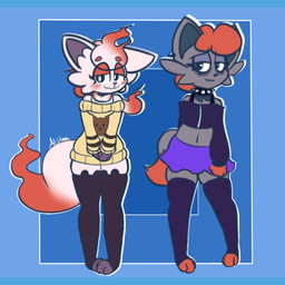 anthro bedroom_eyes big_tail blush bottomwear clothing collar crop_top duo femboy floating_hair legwear male narrowed_eyes navel paws seductive shirt skirt spiked_collar spikes stockings tail thick_thighs topwear akinoon nintendo pokemon pokemon_legends_arceus canid canine fox generation_5_pokemon generation_8_pokemon ghost hisuian_form hisuian_zorua mammal pokemon_(species) regional_form_(pokemon) spirit zorua 1:1 hi_res letterbox