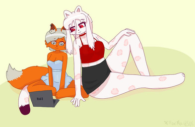 5_fingers anthro big_breasts blue_clothing blue_dress bottomwear breasts choker clothed clothing computer cute_fangs dipstick_tail dress duo ear_piercing ear_ring electronics eyelashes facial_markings fangs female fingers flesh_fang fur grey_hair hair hair_over_eye head_markings inner_ear_fluff jacket jewelry laptop long_hair long_tail markings multicolored_tail necklace orange_body orange_fur paws pencil_skirt piercing red_eyes ring_piercing short short_hair simple_background sitting size_difference skirt small_breasts snout spiral spiral_eyes spots tail tail_markings teeth topwear tuft watching_movie white_body white_fur white_hair foxmaidsus rafinada_(foxmaidsus) syn_(foxmaidsus) canid canine felid fox leopard mammal pantherine shaded simple_shading