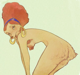 accessory anthro armpit_hair bent_over body_hair breasts brown_body brown_fur butt butt_fluff butt_hair butt_pose ear_piercing ear_ring eyeshadow female fur green_eyes hair headband hoop_ear_ring long_nipples looking_at_viewer makeup nipples nude piercing pose red_hair ring_piercing smile solo lanolin04 disney goof_troop sylvia_marpole canid canine canis domestic_dog mammal hi_res