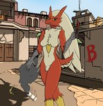 anthro biped blue_eyes breasts building butterfly_knife crotch_tuft day detailed_background featureless_breasts featureless_crotch female fur hair holding_knife holding_object holding_weapon knife light long_hair looking_at_viewer multicolored_body multicolored_fur navel non-mammal_breasts non-mammal_navel outside pokemorph red_body smoke solo sunlight tail tail_tuft tan_body tan_fur tuft weapon yellow_body yellow_sclera jekuben counter-strike nintendo pokemon blaziken generation_3_pokemon pokemon_(species) 2022 hi_res