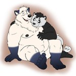 anthro balls belly black_body black_fur black_nose duo fur genitals humanoid_hands male male/male overweight overweight_male simple_background sitting white_body white_fur folgerscup whyteyote hector_(whyteyote) bear canid canine canis giant_panda mammal wolf 1:1 2014 hi_res