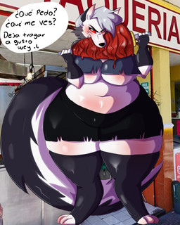 abdominal_bulge anthro belly belly_expansion big_breasts big_butt breasts butt expansion female navel overweight slightly_chubby slightly_chubby_female solo tail text thick_tail thick_thighs under_boob wide_hips cherry_fox904 lobogris hellaverse helluva_boss loona_in_mexico mythology loona_(helluva_boss) canid canid_demon canine canis demon hellhound hybrid mammal mythological_canine mythological_creature wolf wolfdog 4:5 hi_res translated
