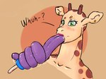 anthro blush bodily_fluids female food fur green_eyes horn long_tongue looking_at_viewer markings ossicone popsicle purple_tongue saliva saliva_string simple_background solo spots spotted_body spotted_fur tan_body tan_fur thick_tongue tongue tongue_out tongue_wrap oliburgob kassidy_(olibur) giraffe giraffid mammal