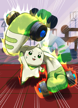 anthro barbell beady_eyes blush bodily_fluids detailed_background dumbbell exercise fur gym horn inside long_ears mirror motion_lines prehensile_ears public solo sweat weightlifting weights white_body white_fur workout taitotu bandai_namco digimon digimon_(species) terriermon hi_res