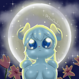 anthro blue_body blue_eyes breasts cloud curled_horn drooping_ears eyebrow_through_hair eyebrows featureless_breasts female flower hair horn light looking_up moon moonlight night outside plant solo star technically_nude translucent translucent_hair izzipurrito lagomorph leporid mammal rabbit 1:1 absurd_res hi_res