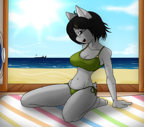 anthro beach big_breasts bikini black_hair breasts clothing electric_fan eyewear female fur glasses green_bikini green_clothing green_swimwear grey_body grey_fur hair kneeling looking_at_viewer sea side-tie_bikini solo string_bikini swimwear two-piece_swimsuit water wearing_glasses whiskers sandwich-anomaly vanessa_(sandwich-anomaly) domestic_cat felid feline felis mammal 2026 hi_res