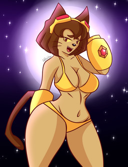 anthro bra breasts brown_body brown_fur brown_hair clothing curvy_figure eyewear eyewear_on_head female fur glowing goggles goggles_on_head hair moon panties simple_background solo star underwear antotheviper gameoverse glitch_productions kit_bodega domestic_cat felid feline felis mammal absurd_res hi_res