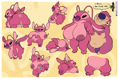 4_fingers 4_toes annoyed antennae_(anatomy) anthro belly big_breasts black_eyes blue_vulva border breasts butt duo eyelashes feet female fingers fur genitals holding_character huge_breasts hyper hyper_breasts long_antennae looking_at_viewer male male/female nipples one_eye_closed pink_body pink_fur purple_nipples purple_nose scratches self_suckle slightly_chubby slightly_chubby_male spread_vulva spreading toes vulva white_border wink winking_at_viewer thewilldpink disney lilo_and_stitch angel_(lilo_and_stitch) jeffrey_taggart alien experiment_(lilo_and_stitch) hyena mammal 3:2
