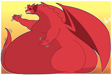 4_toes belly big_belly bodily_fluids border feet female feral huge_belly hyper hyper_belly immobile morbidly_obese morbidly_obese_female morbidly_obese_feral obese obese_female obese_feral overweight overweight_female overweight_feral red_body red_tail red_wings sharp_teeth simple_background solo sweat tail teeth toes white_border wings yellow_background ginny_the_fat_bear mythology dragon mythological_creature mythological_scalie scalie hi_res