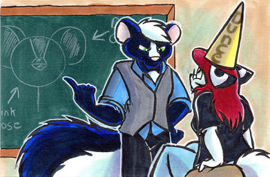 anthro chalkboard clothing dunce dunce_cap duo eyewear glasses green_eyes hair hat headgear headwear information_board red_hair school student teacher teacher_and_student text text_on_clothing text_on_hat text_on_headwear white_hair genesisw fermented_skunk gen_(little_tales) arctic_fox canid canine fox mammal mephitid skunk true_fox 2013 english_text traditional_media_(artwork)