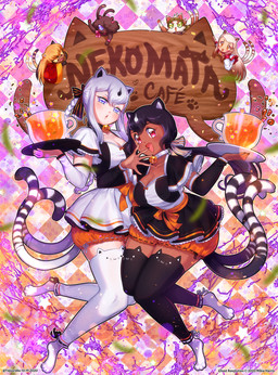 2_tails abstract_background accessory alternative_fashion ambiguous_gender anthro bangs bell bell_collar beverage big_breasts biped black_clothing black_collar black_dress black_hair black_legwear black_stockings bloomers blue_eyes blush bottomwear braided_hair breasts cat_cafe cat_stockings cleavage clothed clothing collar container dark_body dark_skin dress duo_focus eyelashes fangs feet female frilly frilly_bloomers frilly_bottomwear frilly_clothing frilly_dress fur glistening glistening_eyes glistening_hair goth gothic_lolita group hair hair_accessory hair_ribbon holding_tray j-fashion legwear lolita_(fashion) long_hair maid_cafe markings multi_tail ojou_laugh open_mouth open_smile orange_bloomers paws red_eyes ribbons semi-anthro sign smile stockings striped_body striped_fur striped_markings striped_tail stripes tail tail_markings tea teeth tray waiter waitress_uniform white_clothing white_collar white_dress white_hair white_legwear white_stockings wood yajuuraku asian_mythology east_asian_mythology ghost_revolution japanese_mythology mythology animal_humanoid cat_humanoid felid felid_humanoid feline feline_humanoid humanoid mammal mammal_humanoid nekomata yokai 2020 character_request hi_res