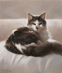black_body black_fur curled_up feral fluffy fluffy_tail fur green_eyes grey_body grey_fur long_fur long_tail looking_at_viewer lying multicolored_body multicolored_fur quadruped relaxing tail whiskers white_body white_fur alexpahomov domestic_cat felid feline felis mammal 2024 digital_media_(artwork) digital_painting_(artwork) painting_(artwork)
