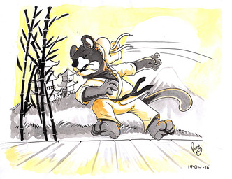 anthro bamboo barefoot building clothed clothing feet grass logo male male_anthro motion_lines open_mouth outside plant solo tongue tongue_out pandapaco species_request 2016 artist_logo dated partially_colored signature yellow_theme