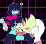 2022 absurd_res anthro balls blonde_hair blue_body blue_skin clothed clothing deep_throat deer deltarune duo fellatio female genitals hair hi_res human human_on_anthro interspecies kris_(deltarune) male male/female mammal mehdrawings new_world_deer noelle_holiday oral oral_penetration penetration penile reindeer sex undertale_(series)