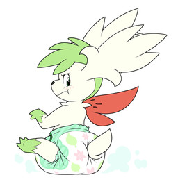 ambiguous_gender blush butt clothing diaper diaper_fetish feral green_hair grumpy hair pattern_diaper sitting solo bubblepuppers nintendo pokemon canid canine generation_4_pokemon legendary_pokemon mammal pokemon_(species) shaymin sky_forme_shaymin absurd_res hi_res