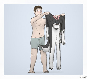 anthro blue_eyes blush border brown_hair clothed clothing consensual_transformation costume fur fursuit hair happy head_tuft holding_clothing holding_costume holding_object imminent_transformation male multicolored_body multicolored_fur open_mouth open_smile simple_background smile solo standing suit_transformation tail text transformation tuft two_tone_body two_tone_fur underwear underwear_only white_border cervalt hiero_(hierohusky) canid canine canis domestic_dog human husky mammal nordic_sled_dog spitz 2024 artist_name digital_drawing_(artwork) digital_media_(artwork) hi_res sequence