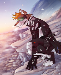 anthro armor blue_markings brown_body brown_fur cheek_tuft closed_smile clothed clothing crouching day electronics eyewear facial_tuft fur goggles hair headgear headphones headset male male_anthro markings mouth_closed narrowed_eyes orange_hair outside short_hair side_view sky smile snow snowing solo tuft wearing_goggles white_body white_fur solaxe_(artist) canid canine mammal