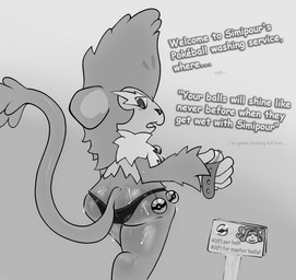 anthro big_butt bodily_fluids butt ellipsis female fur holding_object holding_pokeball looking_at_viewer looking_back looking_back_at_viewer open_mouth pokeball profanity raised_tail sign solo suggestive_dialogue sweat sweaty_butt tail talking_to_viewer text text_on_sign pinnipip nintendo pokemon generation_5_pokemon pokemon_(species) simipour simisage english_text monochrome