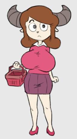 2_horns 4_fingers anthro basket big_breasts big_eyes big_horn biped black_eyebrows black_eyes black_nose bottomwear breasts brown_hair bulging_breasts clothed clothed_anthro clothed_female clothing collared_shirt container curved_eyebrows curved_horn ears_aside eyebrows female fingers footwear front_view fully_clothed fully_clothed_anthro fully_clothed_female fur grey_background grey_horn hair high_heels holding_basket holding_container holding_object horn huge_breasts iris light_body light_fur light_hair looking_at_viewer mature_anthro mature_female medium_hair monotone_background monotone_body monotone_fur monotone_hair mouth_closed no_pupils pink_clothing pink_footwear pink_high_heels pink_shirt pink_shoes pink_topwear purple_bottomwear purple_clothing purple_skirt shirt shoes simple_background simple_eyes skirt small_nose solo standing straight_legs striped_horn stripes tight_clothing tight_shirt tight_topwear topwear white_body white_ears white_fur white_sclera dang_loser miracle_star chun-ni bovid caprine goat mammal 2025 digital_drawing_(artwork) digital_media_(artwork) full-length_portrait portrait