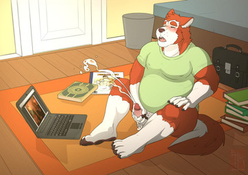 anthro biped book claws clothing computer ejaculation electronics eyes_closed fur inside laptop looking_pleasured male masturbation multicolored_body multicolored_fur open_mouth paws red_body red_fur shirt sitting sitting_on_ground solo tail topwear white_body white_fur baraking canid canine canis mammal wolf 2015