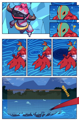 ambiguous_gender anthro biped black_sclera cracked_rock dodging duo exclamation_point fight forest forest_background horn lake mask mountain_range multicolored_body nature nature_background plant portal_ring question_mark tree water wearing_mask yellow_eyes cuchuflin nintendo pokemon rey_(cuchuflin) generation_6_pokemon hawlucha hoopa hoopa_(confined) legendary_pokemon pokemon_(species) absurd_res comic hi_res