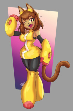 anthro breasts brown_body brown_hair clothing eyewear eyewear_on_head fangs female goggles goggles_on_head hair magenta_eyes one_eye_closed open_mouth open_smile smile solo teeth whiskers wide_hips wink yellow_clothing yellow_sclera solratic gameoverse glitch_productions kit_bodega domestic_cat felid feline felis mammal 2026 hi_res