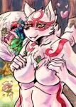 anthro anthrofied between_breasts big_breasts blush breast_fondling breast_play breast_squish breasts cleavage clothed clothing curvy_figure female fondling fur group hand_on_breast in_cleavage macro male micro nude size_difference smile squish voluptuous white_body white_fur mrease capcom clover_studio okami_(capcom) amaterasu_(okami) issun_(okami) oki_(okami) waka_(okami) canid canine canis deity mammal wolf 2019 painting_(artwork) traditional_media_(artwork) watercolor_(artwork)