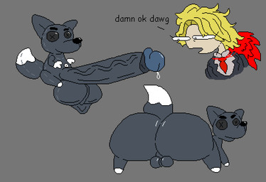 accessory all_fours anthro anus backsack balls big_balls big_butt big_penis blonde_hair blue_body bodily_fluids bubble_butt butt button_(fastener) button_eyes clothed clothed_female clothing dialogue dipstick_tail duo eyebrows female genital_fluids genitals glans glistening grey_background hair huge_butt huge_penis hyper hyper_genitalia hyper_penis looking_at_another looking_back male markings multicolored_body necktie open_mouth penis plushie precum scrotum_flap simple_background smile snout tail tail_markings talking_to_another text twerking vein veiny_penis white_sclera white_tail_tip x_anus nxyitn limbus_company project_moon big_and_will_be_bad_wolf sancho_(limbus_company) animate_inanimate bloodfiend canid canine canis humanoid living_plushie mammal wolf aliasing animated digital_media_(artwork) english_text loop pixel_(artwork) pixel_animation seamless_loop