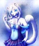 5_fingers anthro blue_eyes breasts clothed clothing female fingers fur hair smile solo tail white_body white_fur white_hair neotheta domestic_cat felid feline felis mammal 2013 digital_media_(artwork) hi_res