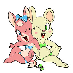 accessory anthro bikini blue_eyes blush bow_(feature) bow_accessory bow_ribbon bra breasts buckteeth centered_hair_bow clothed clothing duo eyes_closed female fur furgonomics green_eyes hair_accessory hair_bow hair_ribbon navel open_mouth pink_body pink_fur ribbons simple_background sitting swimwear tail tail_accessory tail_bow tail_ribbon tan_body tan_fur teeth tongue two-piece_swimsuit underwear white_background lonbluewolf house_mouse mammal mouse murid murine rodent 1:1 2013 digital_media_(artwork)