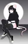 anthro black_hair blue_eyes bottomwear clothing colored_nails cropped_sweater crown femboy footwear hair headgear leggings legwear male mouse_tail nails royalty shirt shoes shorts simple_background sneakers solo sweater topwear turtleneck white_body zoryan mouse_king_mibbles mammal mouse murid murine rodent absurd_res hi_res