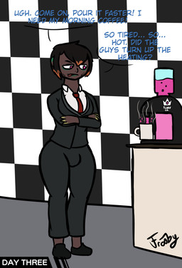 ambiguous_gender angry annoyed beverage black_eyes black_hair bulge checkered checkered_background clothed clothing coffee coffee_machine coffee_mug dark_body dark_skin femboy gender_transformation green_body green_skin hair hot_drink licking licking_lips licking_own_lips necktie office orange_hair pattern_background pink_eyes plant plant_transformation potion self_lick short_hair simple_background solo stubble suit text tongue tongue_out transformation transformation_potion unaware_transformation verbal_reaction_to_tf yellow_body yellow_skin frooby chucklefish starbound avian avian_(starbound) elemental_creature elemental_humanoid flora_fauna floran florvian_(frooby) human humanoid hybrid mammal plant_humanoid absurd_res digital_media_(artwork) english_text hi_res