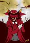 anthro clothing coat cosplay eyewear fangs female glasses gloves hair handwear hat headgear headwear moon purple_eyes red_clothing red_hair solo teeth topwear sairine hellsing alucard_(hellsing) vexhalia_miraha bat mammal megabat hi_res