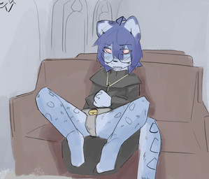 accessory ahoge anthro beads chastity_belt chastity_device church clothed clothing eyewear fur glasses hair kemono leopard_spots lock looking_at_viewer male markings nervous partially_clothed pink_eyes prayer_beads praying presenting priest priest_robes pupils religion rosary round_glasses sitting solo spots spotted_body spotted_fur spread_legs spreading white_pupils snepause shen_(snepause) felid mammal pantherine snow_leopard trans_(lore) trans_woman_(lore)