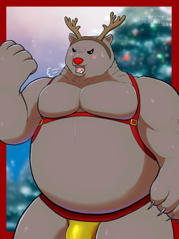 anthro blush bulge clothing holidays kemono male musclegut muscular open_mouth overweight overweight_male red_nose solo standing underwear shinorokuma3579 christmas shirokuma_cafe grizzly_(shirokuma_cafe) bear brown_bear grizzly_bear mammal ursine 2025 3:4 hi_res watermark