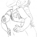 anthro blush bra breast_grab breasts clothing duo feathers female female/female grope hand_on_breast hands_on_hips navel nipples non-mammal_breasts non-mammal_nipples pose scales smile stripes underwear conditional_dnp sefeiren yiffyraptor jenny_(slither) raptie_(caedere) dinosaur dromaeosaurid komodo_dragon lizard monitor_lizard prehistoric_species reptile scalie theropod velociraptor monochrome sketch